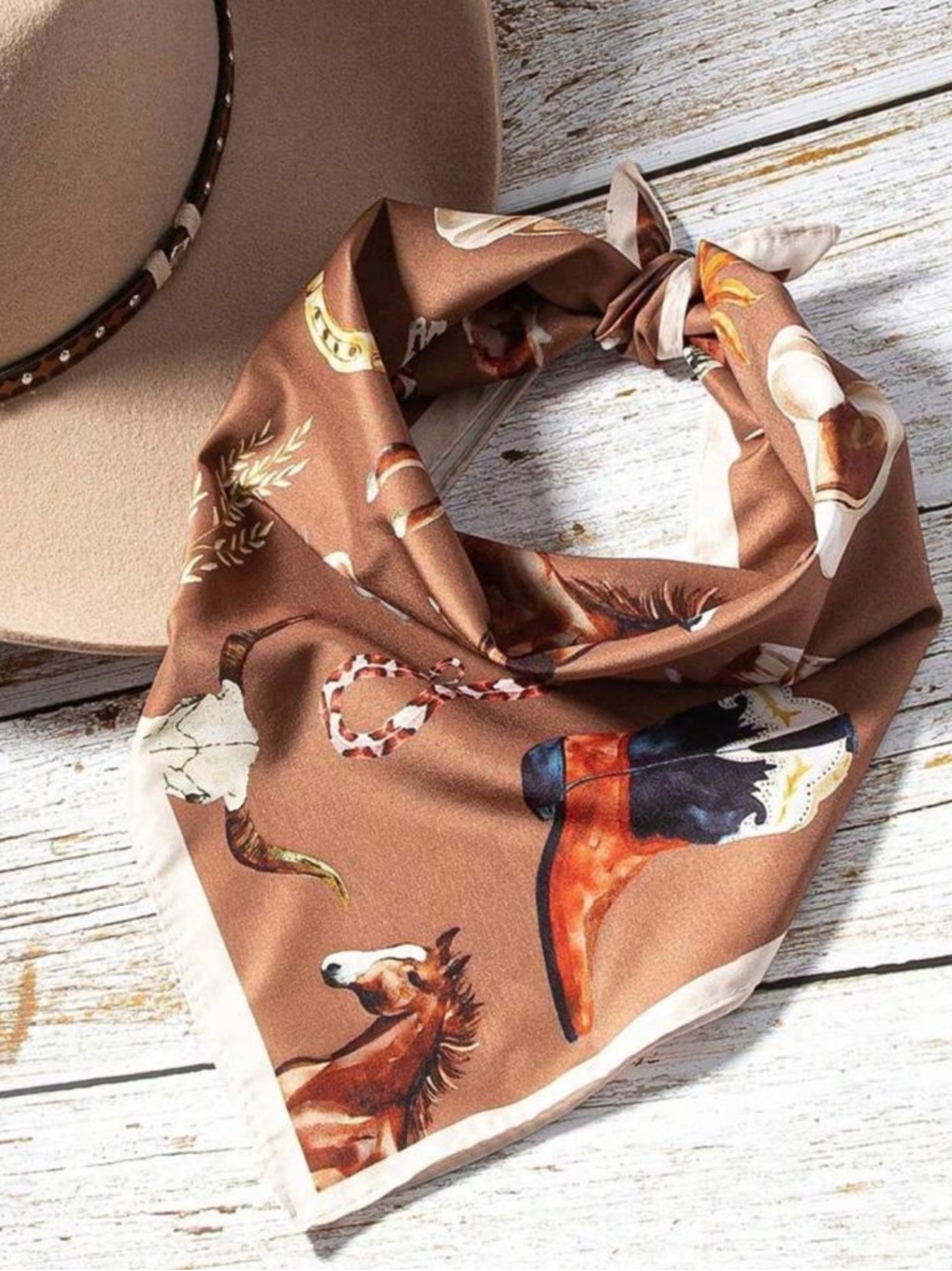 Silky Brown Western Print Bandana Scarf